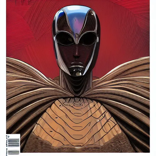 Image similar to portrait of the mysterious masked organic cyborg, vogue poses, beautiful futuristic ornamental cape, intricate, highly detailed, masterful, in the style of moebius, akira toriyama, jean giraud, 8 k