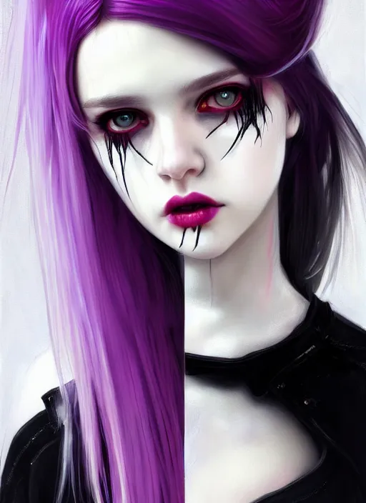 Image similar to portrait of white teenage girl, normal face, black bangs, mall goth, cyberlox, black and white hair, bangs, fluffy bangs, red contacts, purple lipstick, intricate, elegant, highly detailed, digital painting, artstation, concept art, sharp focus, smooth, illustration, art by wlop, mars ravelo and greg rutkowski