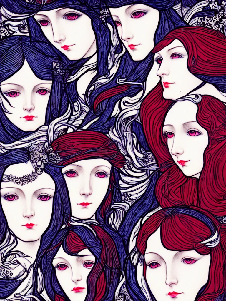 Image similar to triad of winter muses, style mix of æon flux, shepard fairey, botticelli, ivan bilibin, john singer sargent, pre - raphaelite, shoujo manga, harajuku fashion, dormant nature, snow, ice, stark colors, superfine inking, ethereal, 4 k photorealistic, arnold render