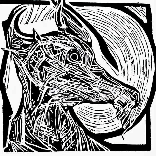 Image similar to linocut of a cybernetic deer. pink, black and white color pallette.