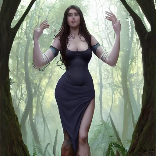 Image similar to full body portrait of a female wearing a skintight dress in a forest, large thighs, perfect face, beautiful! coherent!, intricate, elegant, highly detailed, digital painting, artstation, smooth, sharp focus, illustration, art by artgerm and greg rutkowski and alphonse mucha, 8 k