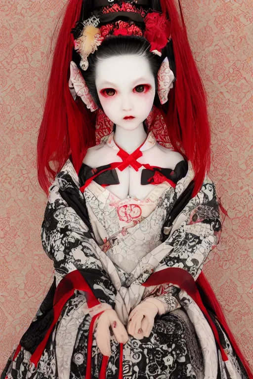 Image similar to high angle photo an avant - garde japanese bjd geisha vampire queen in a victorian lolita fashion red dress in the style of lovecraftian horror painted by yoshitaka amano, takato yamamoto, ayami kojima, dmt art, symmetrical vogue face portrait, intricate detail, artstation, cgsociety, artgerm, rococo