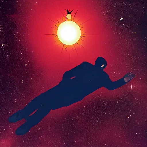 Image similar to a man laying on a star in space, sad, melancholy, album art,