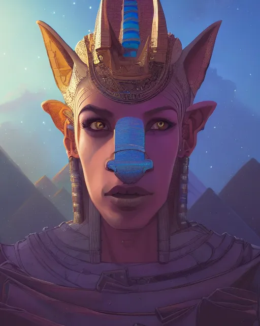 Image similar to highly detailed vfx portrait of anubis, pyramid behind, sky galaxy purple, unreal engine, greg rutkowski, loish, rhads, beeple, makoto shinkai and lois van baarle, ilya kuvshinov, rossdraws, tom bagshaw, alphonse mucha, global illumination, detailed and intricate environment