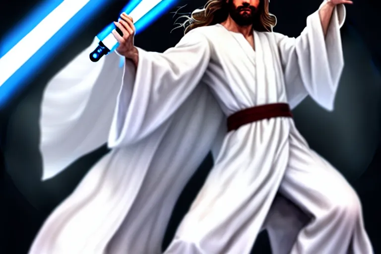 Image similar to jesus christ in a white robe striking sn action pose, jesus has a lightsaber ; art by artgerm ; digital art ; character art ;