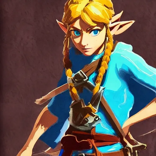 Prompt: breath of the wild zelda holding the master sword in a fighting stance, harsh lighting, extra detailed, WLOP