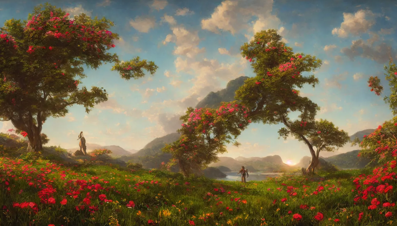 Prompt: An epic fantastic realism comic book style painting of the most beautiful flowers covering a landscape where lovers frolick, fisheye lens, painted by the Hudson River school, unreal 5, DAZ, hyperrealistic, octane render, dynamic lighting