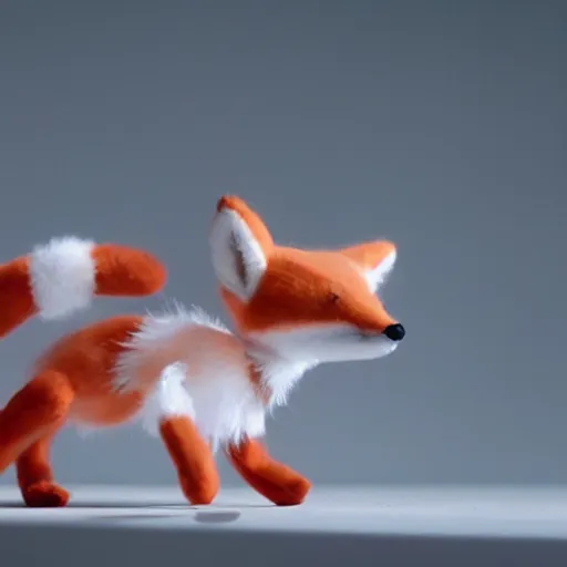 Image similar to a graceful long shot footage of a delicate toy fox wearing a fine cyberpunk dress