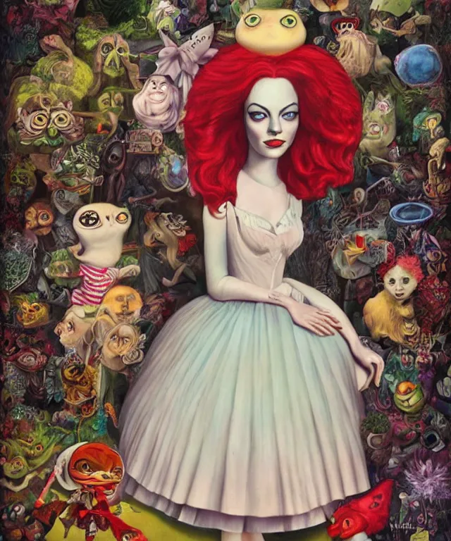 Image similar to portrait of Emma Stone in wonderland, lowbrow painting by Mark Ryden