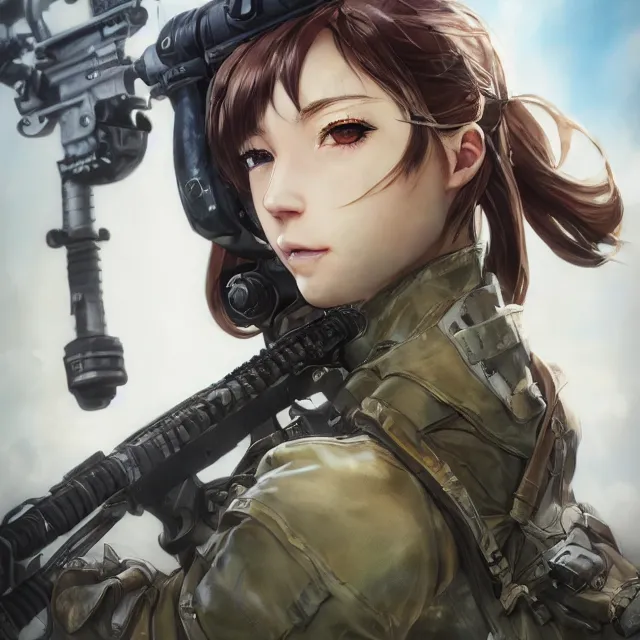 Image similar to the photorealistic portrait of lawful neutral female futuristic marine sniper as absurdly beautiful, gorgeous, elegant, young anime gravure idol, an ultrafine hyperdetailed illustration by kim jung gi, irakli nadar, intricate linework, bright colors, octopath traveler, final fantasy, unreal engine 5 highly rendered, global illumination, radiant light, detailed and intricate environment