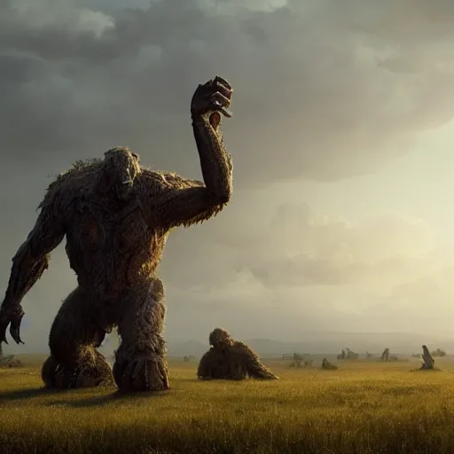 Image similar to enormous gargantuan creature with long arms and legs towering over the plains, seen from a distance, volumetric lighting, 8 k octane beautifully detailed render, post - processing, extremely hyper - detailed, intricate, epic composition, cinematic lighting, masterpiece, trending on artstation, masterpiece, stunning art by anders zorn, wonderful masterpiece by greg rutkowski, beautiful cinematic