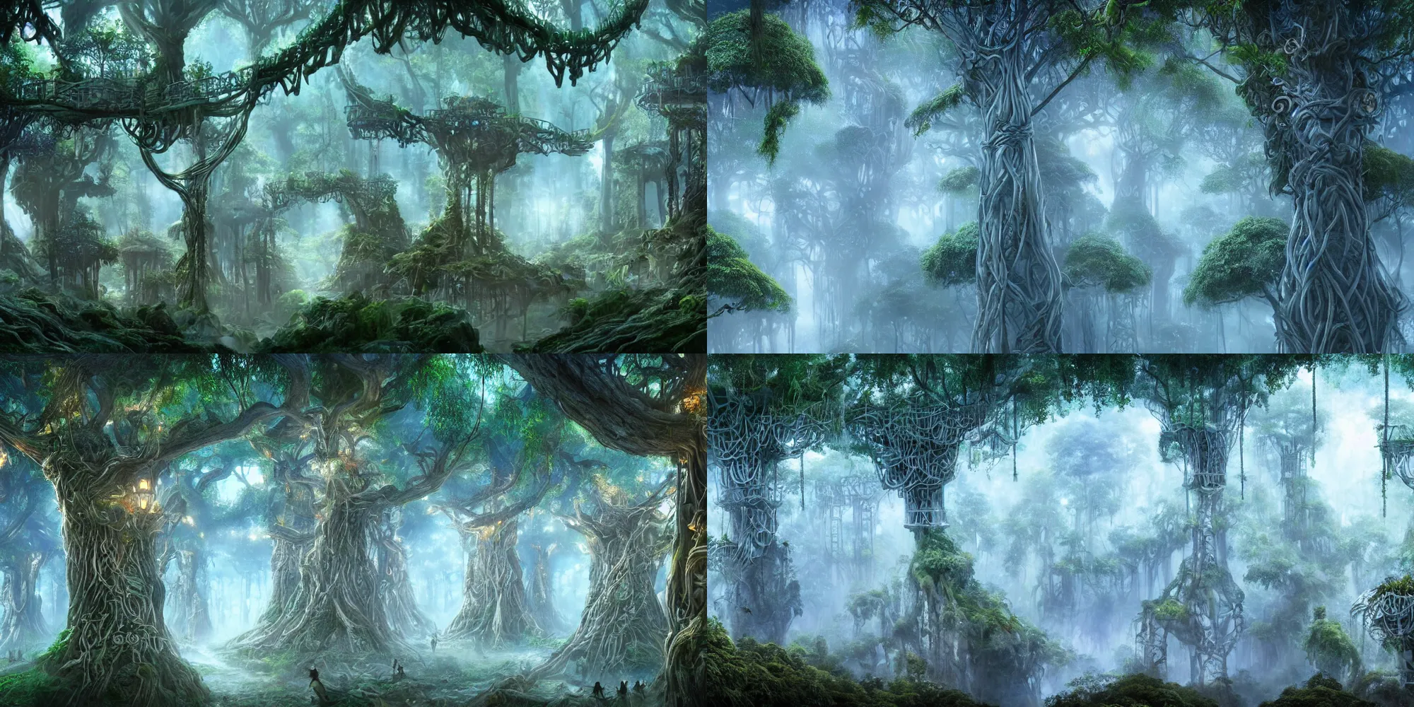 Prompt: treetop elf village made up of white treehouses and connected by rope bridges. Elaborate fancy wood-carved decorations. Magical blue light. Ground level view looking at the canopy. Mystical fantasy atmosphere. Style of Lothlórien from the Lord of the Rings movies. Detailed matte painting trending in artstation