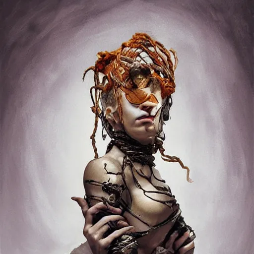 Image similar to portrait of a Shibari rope wrapped face and neck, headshot, insanely nice professional hair style, dramatic hair color, digital painting, of a old 17th century, old cyborg merchant, amber jewels, baroque, ornate clothing, scifi, realistic, hyperdetailed, chiaroscuro, concept art, art by Franz Hals and Jon Foster and Ayami Kojima and Amano and Karol Bak,