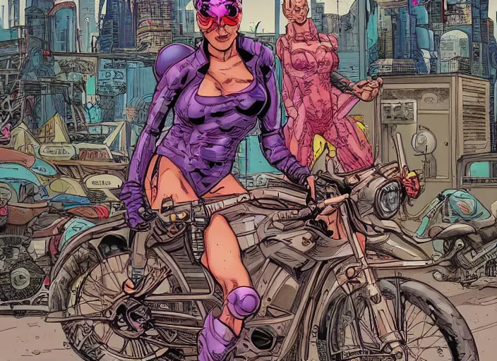 Image similar to a comic book portrait of a female fitness model biker in a cyberpunk city art by Geof Darrow,highly detailed artstation character concept art, full length character, sharp focus