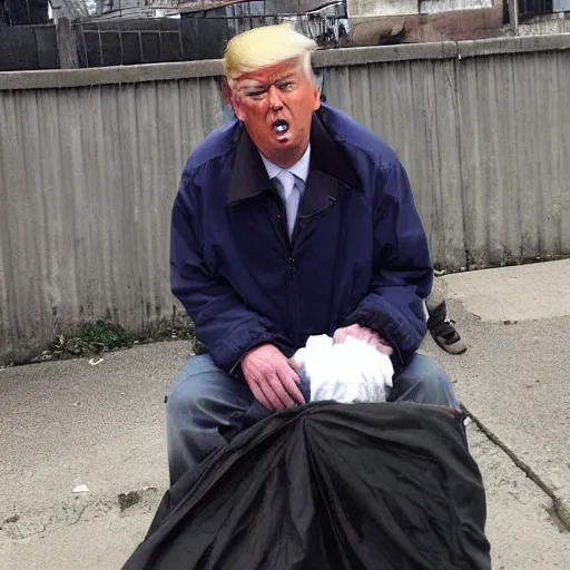 Image similar to donald trump dressed as a homeless man living in the slums