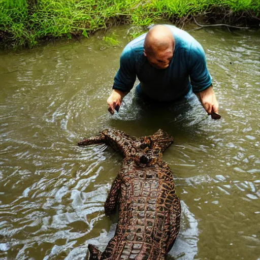 Image similar to human crocodile werecreature, photograph captured at woodland creek