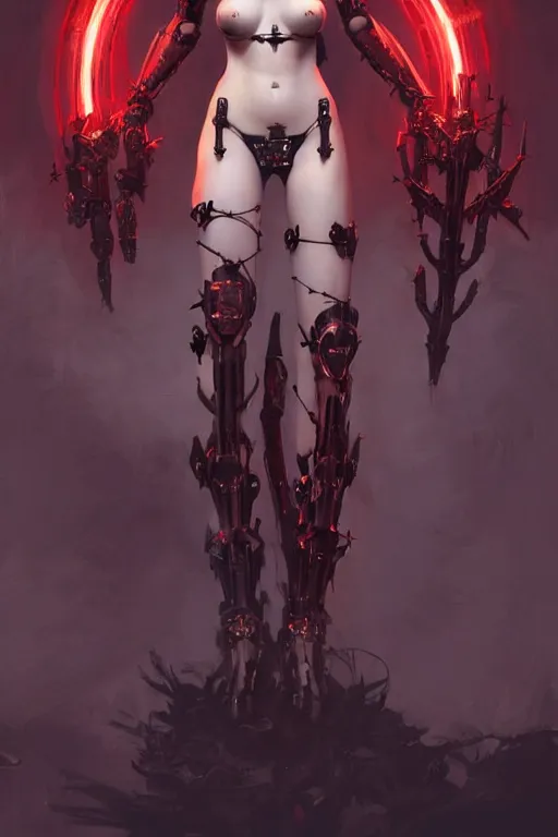 Image similar to Portrait of beautiful pale smiling cyborg goth maiden in bikini armor with crown of thorns and glowing red eyes, cyberpunc, Warhammer 40000, digital art from artstation by Ruan Jia and Mandy Jurgens and Artgerm and william-adolphe bouguereau