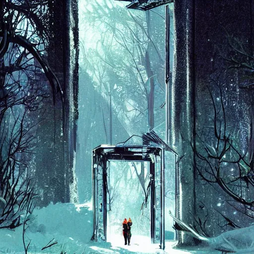 Image similar to frozen derelict portal in a middle of a snowy lush futuristic forest, green lush world seen only through a portal, daylight, cinematic lighting, blue sky, syd mead, john harris