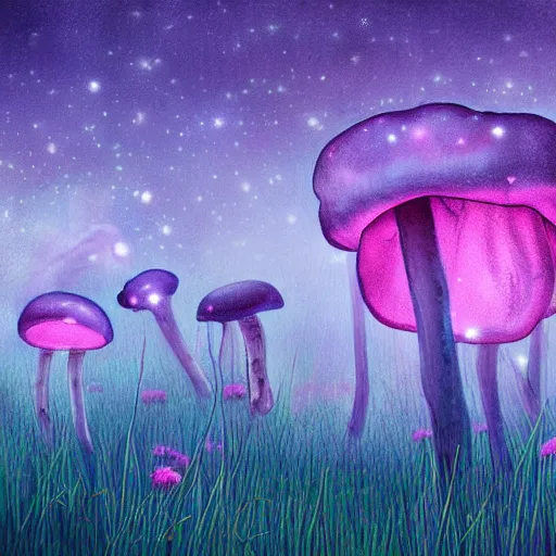 Prompt: field of luminescent pink and blue mycena fungi, emitting spore clouds, midnight, moonlight, fantasy art, mysterious, magical, hyperrealistic, detailed, soft lighting, fireflies