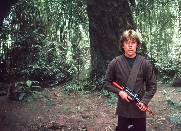 Prompt: luke skywalker protecting the new jedi temple school in the jungle, Photographed with Leica Summilux-M 24 mm lens, ISO 100, f/8, Portra 400