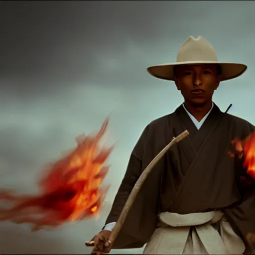 Image similar to cinematic film still Pharrell Williams starring as a Samurai holding fire, Japanese CGI, VFX, 2003, 40mm lens, shallow depth of field,film photography