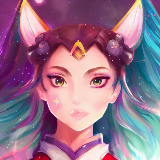 Image similar to a high fantasy portrait of a celestial magical girl, sailor moon, star guardians very beautiful, very attractive, trending on artstation, cool color scheme, unreal engine, semi - realism, deviant art, painted by rossdraws and artgem and loish
