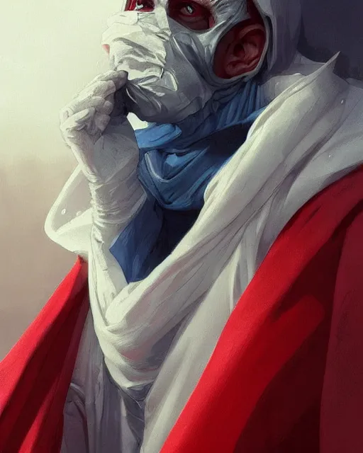 Prompt: sickly man in white mask, red and dark blue cloak, creepy, filthy, pestilence highly detailed, digital painting, artstation, smooth, hard focus, illustration, art by artgerm and greg rutkowski and alphonse mucha