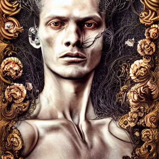 Prompt: portrait of extremely bizarre disturbing mutated man with intense chiaroscuro lighting in flowing dress, arrogant, mysterious, long fine flowing hair, delicate, looking at camera, realistic face, intricate, stylish, elegant, grim dark, flowers, extremely detailed photograph by Martine Johanna and Ernst Haeckel and Greg Rutkowski