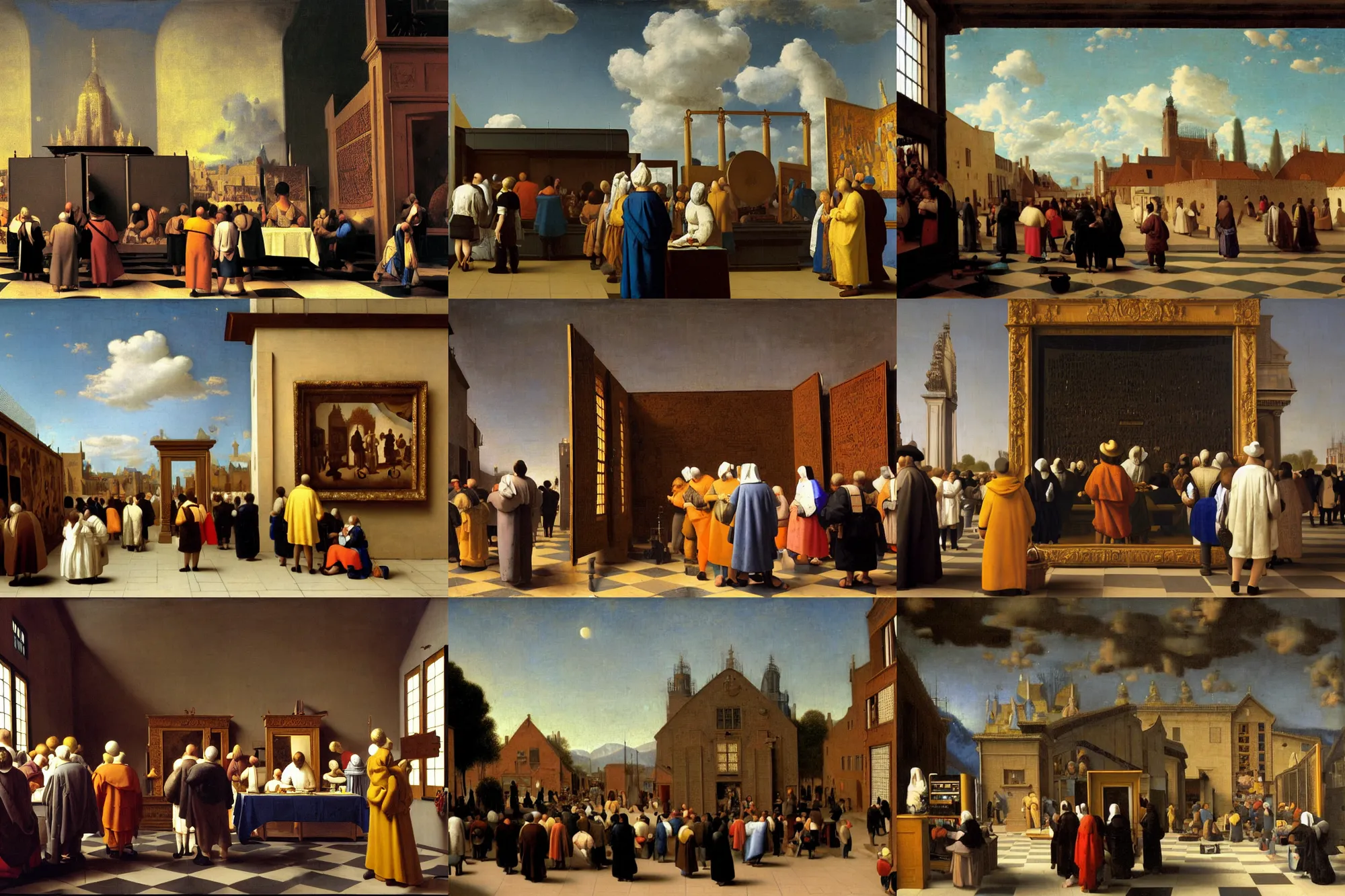 Prompt: humanity waiting for the answer to given by big thought to the ultimate question of life, the universe, and everything, large crowd in front of a giant supercomputer, painted by jan vermeer and thomas kinkade