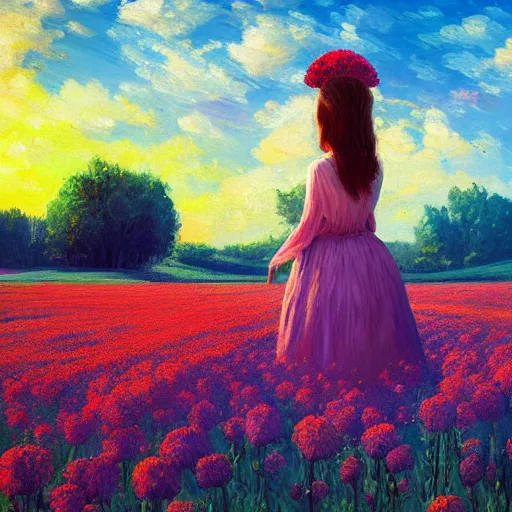 Image similar to girl with a giant carnation head, surreal photography, flower field, sunset dramatic light, impressionist painting, colorful clouds, blue sky, digital painting, artstation, simon stalenhag