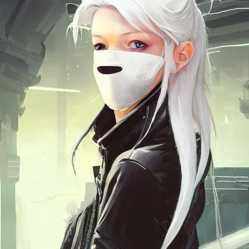 Image similar to very cool girl white hair girl with mask, streetwear, techwear, cyberpunk style outfit, full body, nose piercing, detailed portrait, intricate complexity, by greg rutkowski, cushart krentz, artgerm, ross tran, conrad roset, takato yomamoto, ilya kuvshinov. 4 k, beautiful, cinematic dramatic atmosphere, portrait lighting