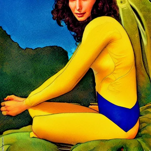 Image similar to realistic portrait of gal gadot in a banana costume, detailed art by maxfield parrish and jessie willcox smith, illustration style, watercolor