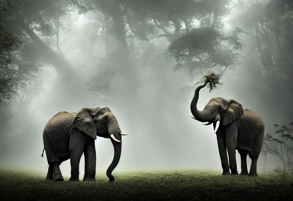 Prompt: an elephant king, his trunk is a long tentacle, in a jungle with ominous light from above, ambient light, fog, river