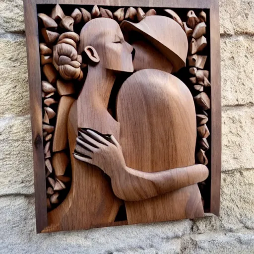 Image similar to a wood masterpiece symbolizing kissing