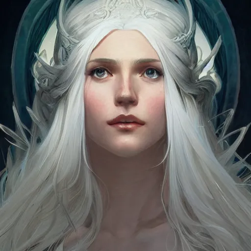 Image similar to god and goddess, white hair, long hair, gorgeous, amazing, elegant, intricate, highly detailed, digital painting, artstation, concept art, sharp focus, illustration, art by artgerm and greg rutkowski and alphonse mucha