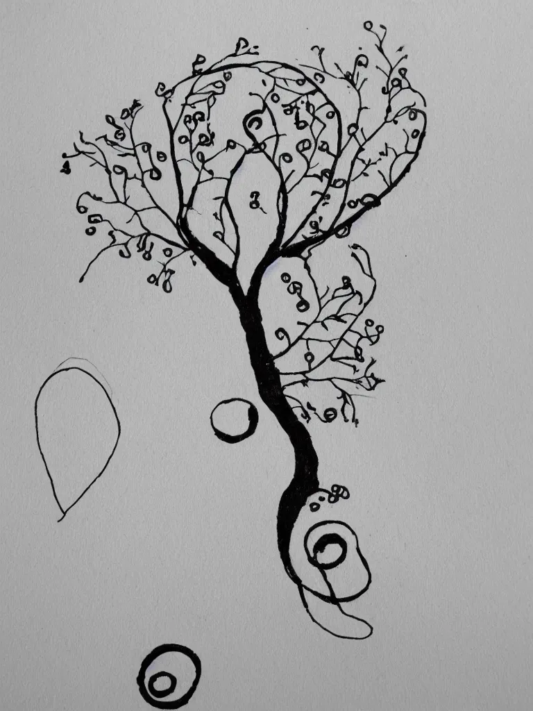 Prompt: single line ink pen drawing of an acorn that turns into a tree in the shape of a treble clef with a few scattered leaves, simple and clean thick lines