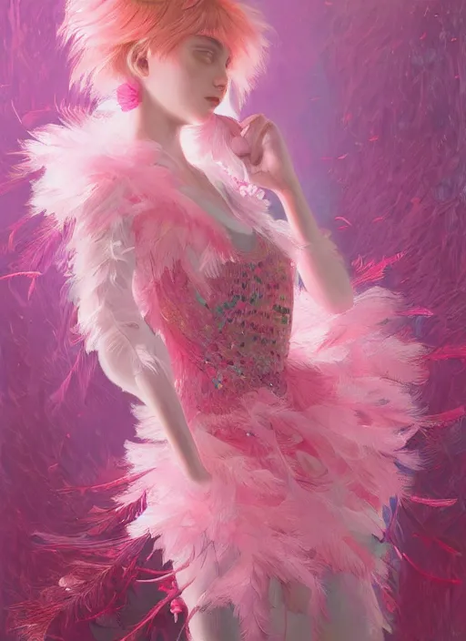 Prompt: beautiful little girl with an pink eccentric haircut wearing an dress made of feathers dancing on stage, artwork made by ilya kuvshinov, inspired in donato giancola, hd, ultra realistic, reflection, flowers, light, realistic face, bird, trending on pixiv, 8 k, ray tracing