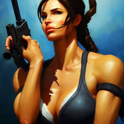 Image similar to Greg Manchess portrait painting of Lara Croft as Overwatch character, medium shot, asymmetrical, profile picture, Organic Painting, sunny day, Matte Painting, bold shapes, hard edges, street art, trending on artstation, by Huang Guangjian and Gil Elvgren and Sachin Teng