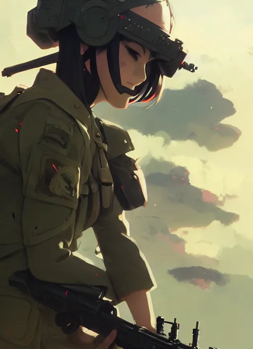 Image similar to portrait of soldier girl killing her enemy, black sky background lush landscape illustration concept art anime key visual trending pixiv fanbox by wlop and greg rutkowski and makoto shinkai and studio ghibli and kyoto animation soldier clothing military gear realistic anatomy mechanized