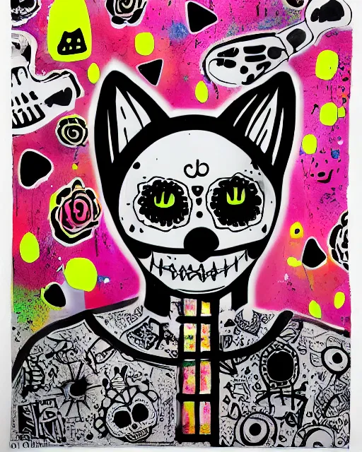 Image similar to day of the dead, cat, monotone pastel smoke, electric shock, a pen & ink, spray art, spatter and collage design, isolated on white rule of thirds, by BAPE and Alex Yanes, Juxtapoz Magazine