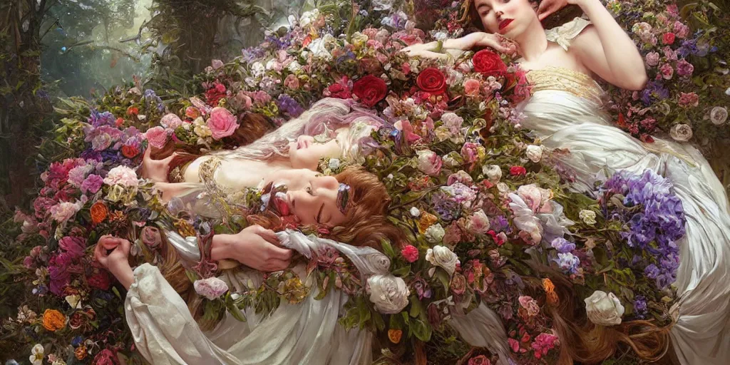 Image similar to an elaborate coffin with a mysterious sleeping beauty holding a large bouquet of flowing flowers,, fantasy, regal, intricate, by stanley artgerm lau, greg rutkowski, thomas kindkade, alphonse mucha, loish, norman rockwell