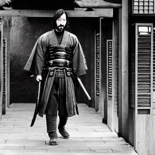 Image similar to cinematic film still of Keanu Reeves starring in a Steven Spielberg film as A Japanese Samurai at a temple, 1999, shallow depth of field, photograph, natural lighting