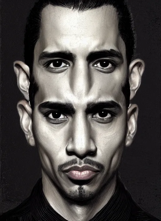 Image similar to portrait of a hispanic man with a crooked nose and a confident expression, 1 9 6 0 s, black clothes, punk, funk, intricate, elegant, highly detailed, digital painting, artstation, concept art, smooth, sharp focus, illustration, art by wlop, mars ravelo and greg rutkowski