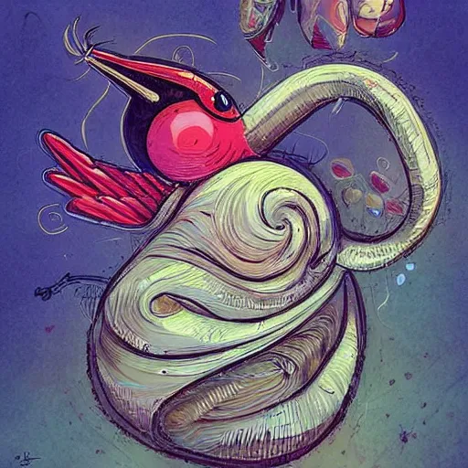 Prompt: a snailbird, a snailbird is a personified snail with a face mixed with a bird, has wings, has snail shell, uhd, painted by james jean