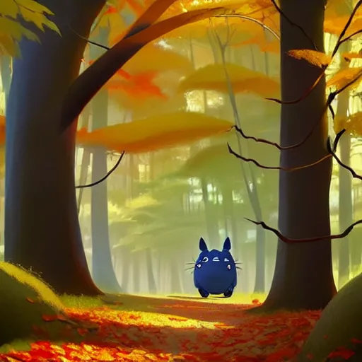 Prompt: goro fujita ilustration an autumn forest with large trees and light coming through the leaves | totoro walking, painting by goro fujita, sharp focus, highly detailed, artstation