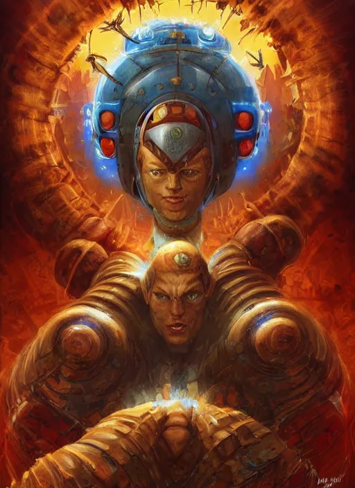 Image similar to mega man, shamanic poster lsd art, intricate, elegant, highly detailed, centered, digital painting, artstation, concept art, smooth, sharp focus, illustration, artgerm, tomasz alen kopera, peter mohrbacher, donato giancola, joseph christian leyendecker, wlop, frank frazetta