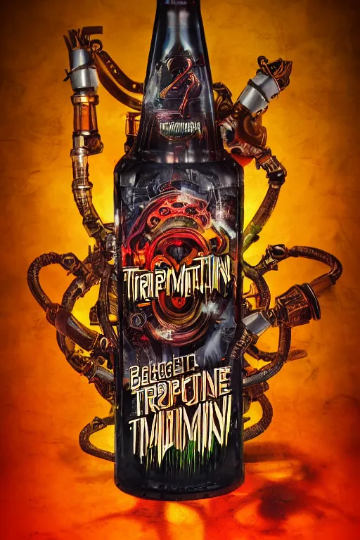 Image similar to photo of a beerbottle, band merchandise, bandname is tripmachine, tourname is invasion of the tripmachines, realistic digital art, label is printed with a 3 d render of a huge futuristic steampunk generator, 8 k, fluorescent colors, halluzinogenic, multicolored, exaggerated detailed, unreal engine