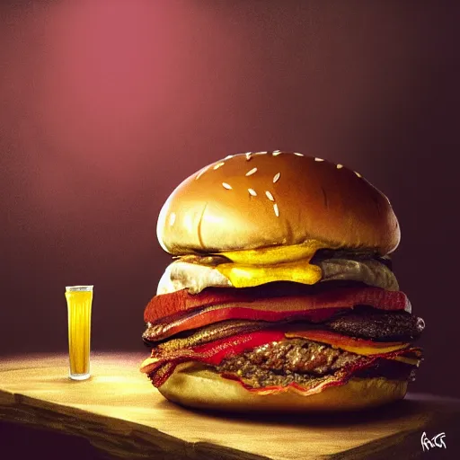 Image similar to portrait photography of Mr. T eating a giant hamburger, extra ketchup and mustard with overflowing bacon lettuce and tomato, cinematic lighting, highly detailed, ethereal, D&D, hearthstone, digital painting, artstation, concept art, smooth, sharp focus, illustration, art by Terry Moore and Greg Rutkowski and Alphonse Mucha