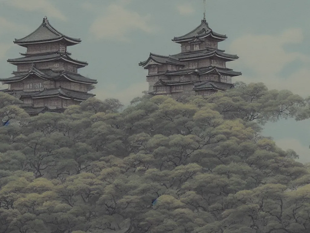 Prompt: a landscape painting of a japanese castle, trending on artstation
