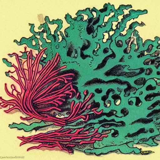 Image similar to vintage colored detailed illustration of random seaweed, neon colors